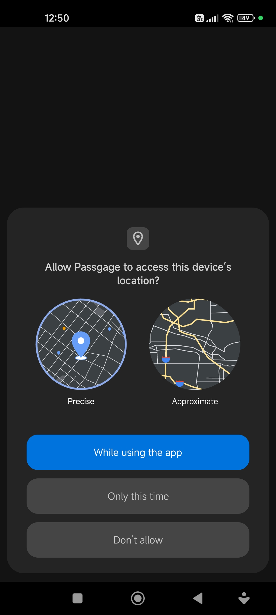 Passgage konum izni ekranı - Android cihazda hassas konum erişimi izni