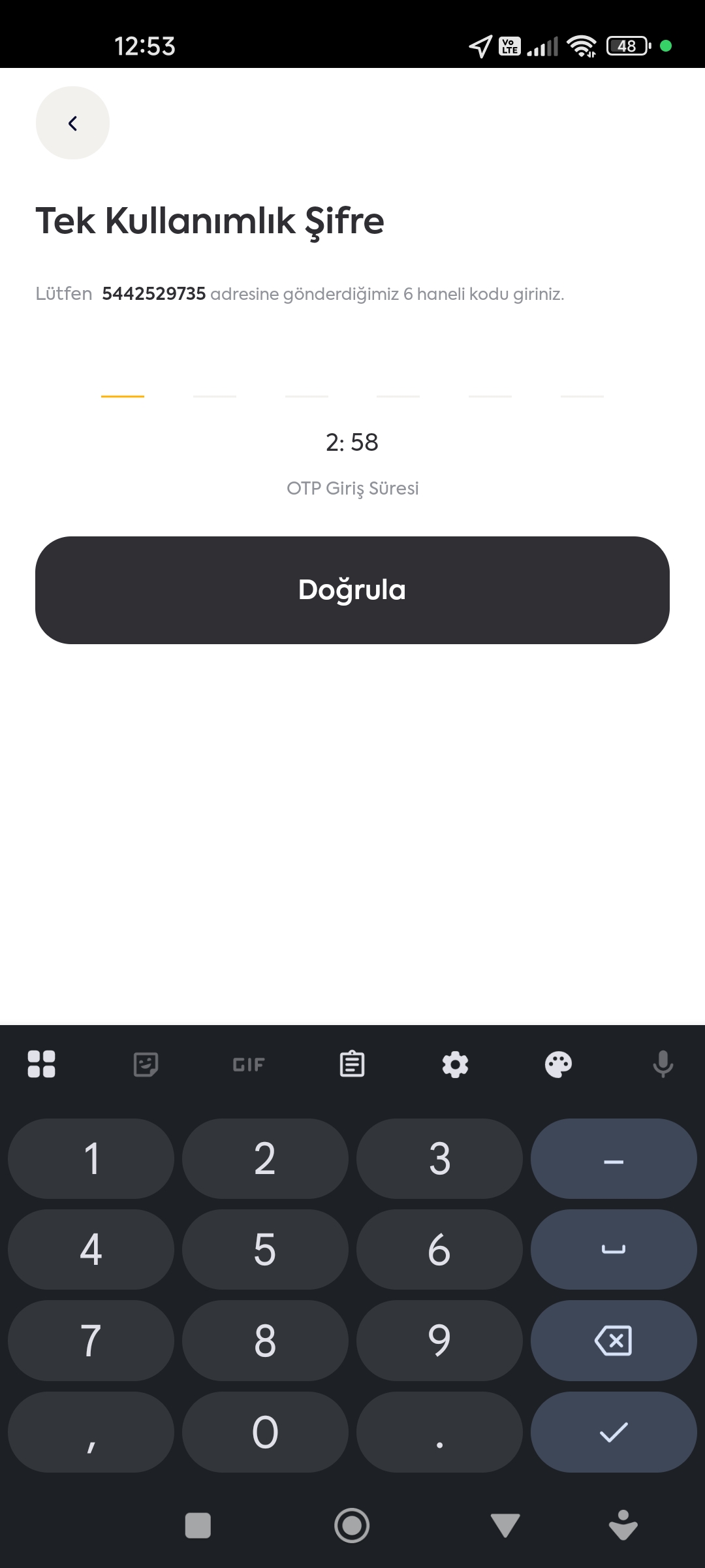 Passgage OTP kod girişi - 6 haneli doğrulama kodu