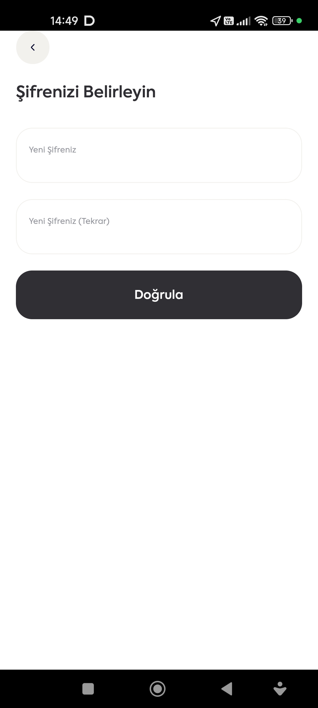 Passgage şifre belirleme - Yeni şifre oluşturma ekranı